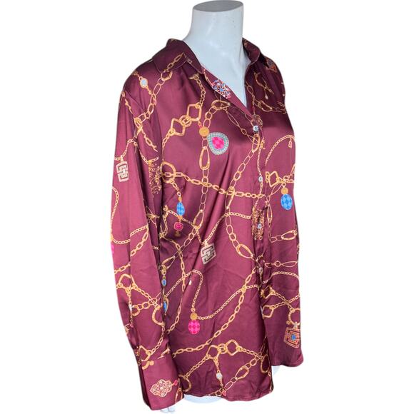 Susan Graver Regular Printed Charmeuse Button-Front Tunic Dark Cranberry Small - Picture 11 of 12